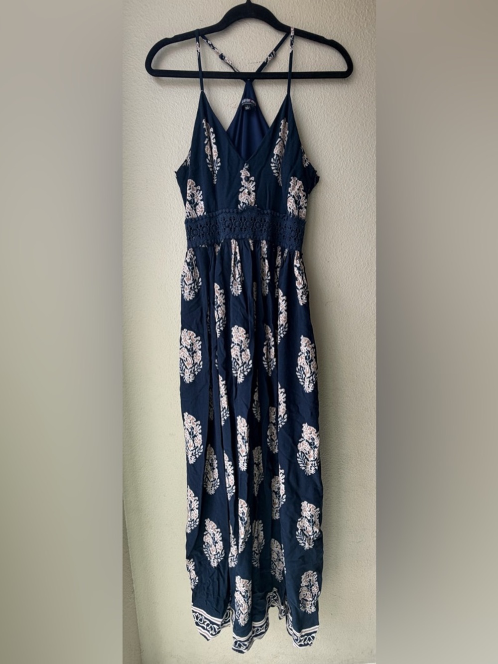Navy Floral Maxi Crochet Waistband L Long Length Summer Dress Adjustable Straps - Picture 4 of 14